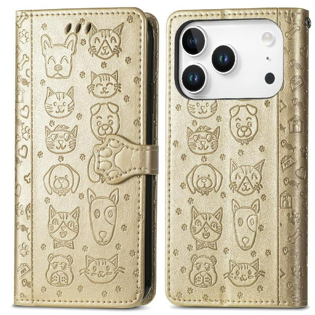 Funda Cartera FOXDOCK para iPhone 17 Pro Max , Flip PU con Relieve de Gatos y Perros, Tarjetero y Soporte