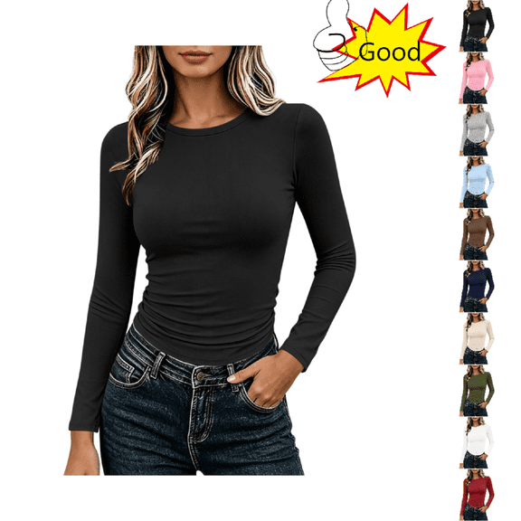 DISKEBUISS Women’s Long Sleeve Shirts Fitted Going Out Tops Stretch Crew Neck T-Shirt Slim Fit Casual Basic Top