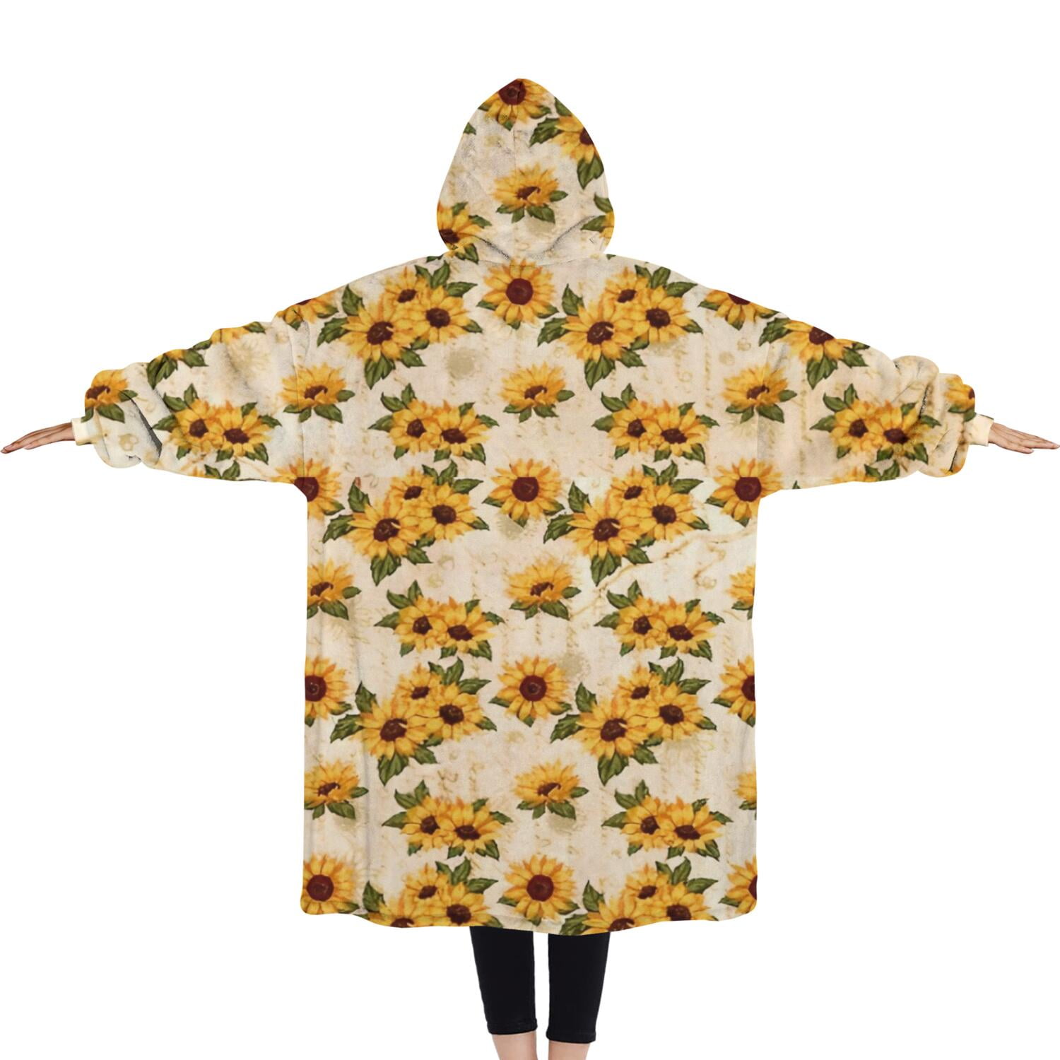 Oversized Wearable Blanket Hoodie,Beige Sunflower Cluster Pattern Sherpa Blanket Hoodie with Super Pockets,Super Warm Fuzzy Pullover for Women & Men