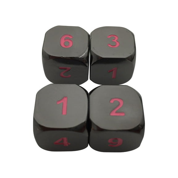 4 Pack of D6 - Umbral Fae | Shiny Black Nickel Finish with Pink Numbering Metal Dice Set -