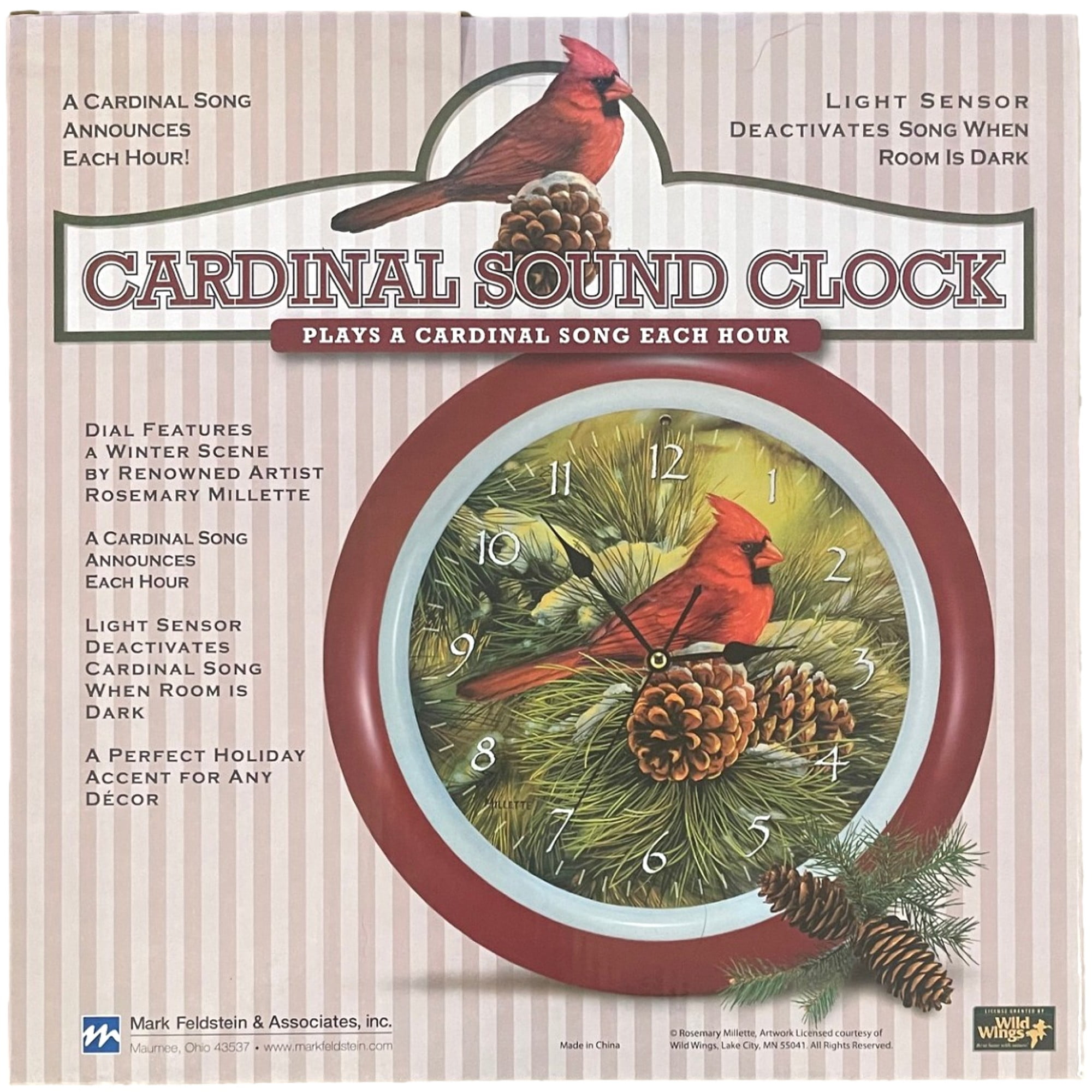 Mark Feldstein December Dawn Cardinal Sound 13" Wall Clock, Hourly Bird Songs