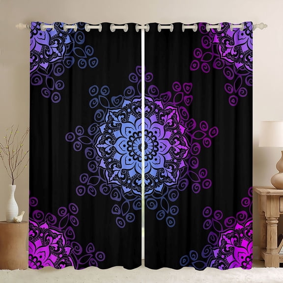 Feelyou Black Purple Damask Black Out Curtains, Flower Curtains Pack of 2 (42x63 Each)