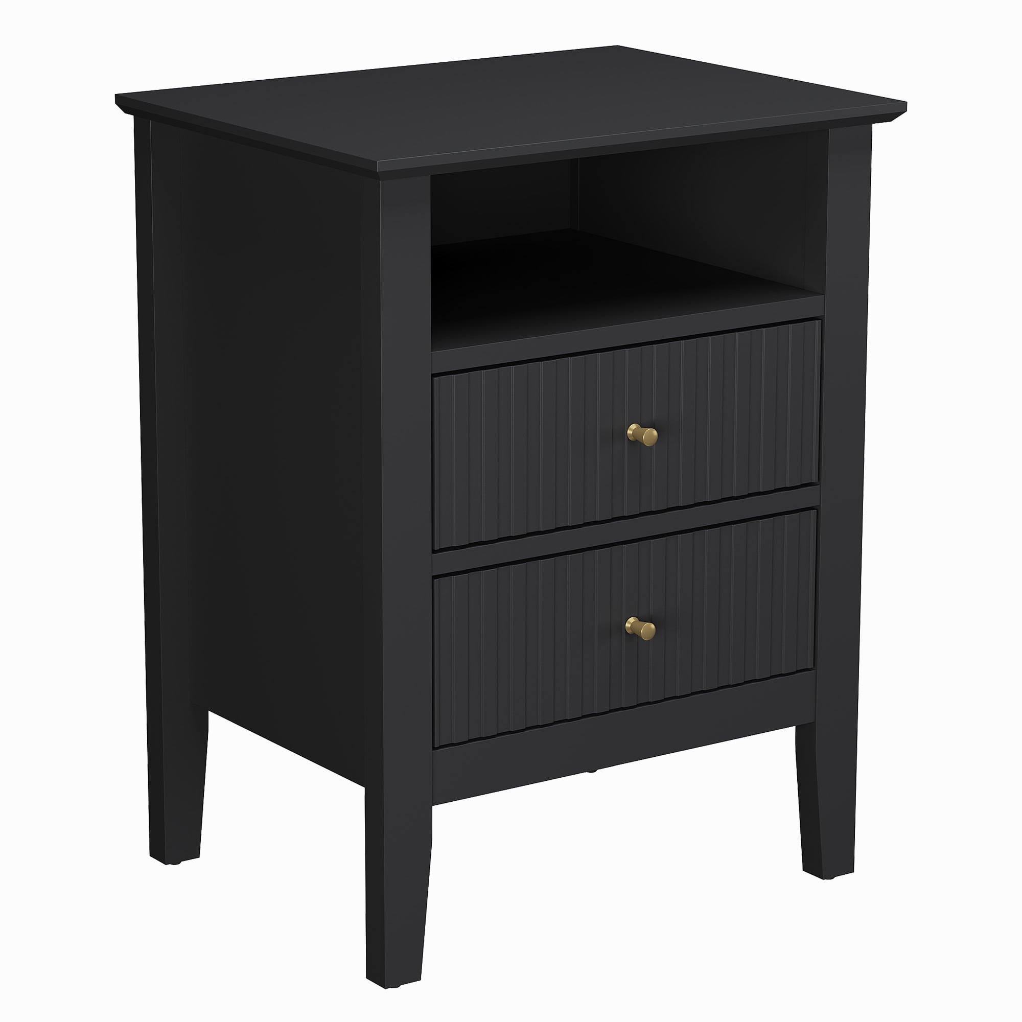 May in Color Fluted Nightstand with 2 Drawers and Storage Shelf, Set of 2, Ideal for Bedroom, Living Room, Black