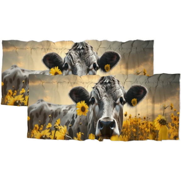 Cow Kitchen Window Curtain Valance Country Farm Animal Farmhouse Western Wildlife Sunflower Window Treatment for Living Room Bedroom Bathroom 54 by 18 in, 2 Panel