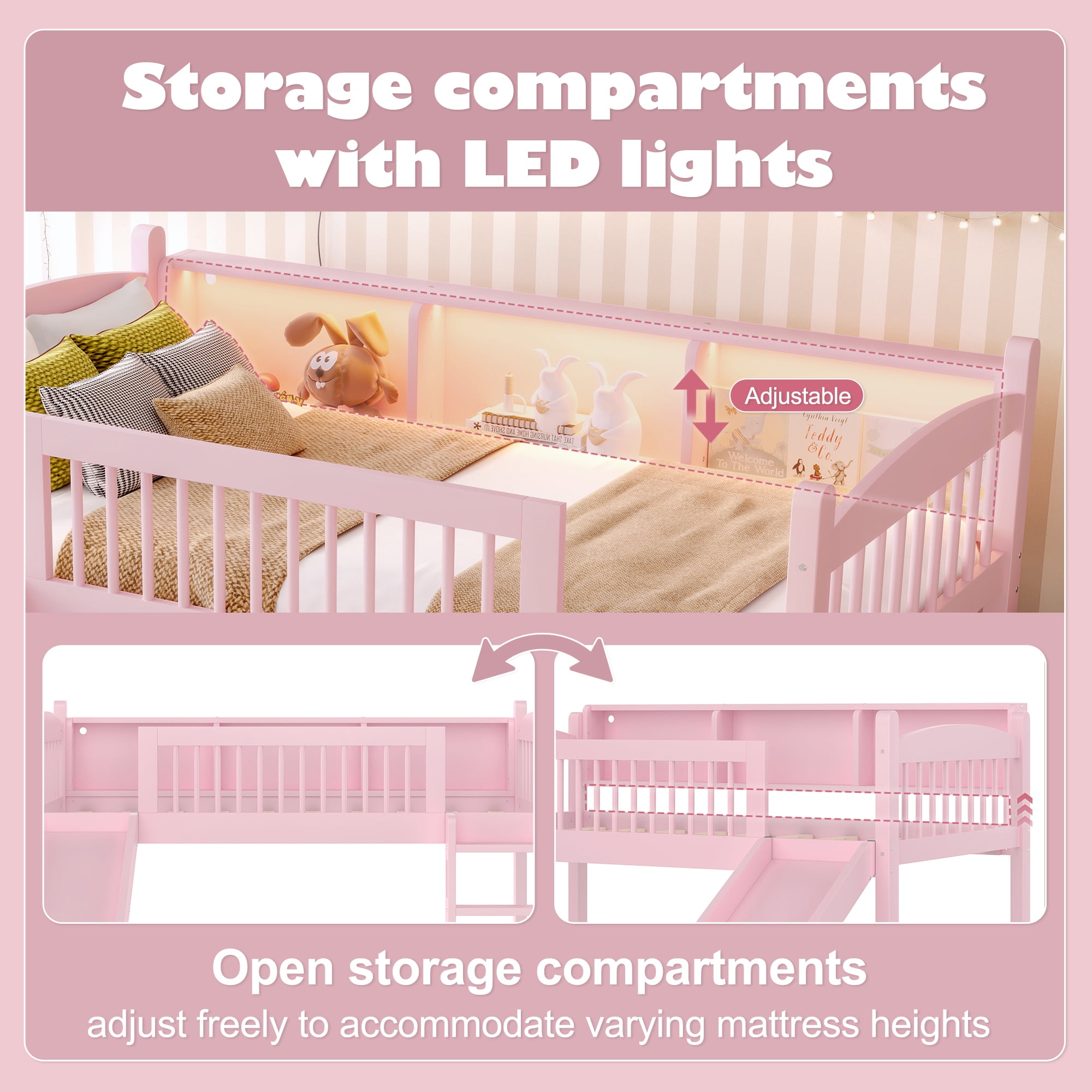 Leumius Twin Size Loft Bed with Slide,Solid Wood Loft Bed Frame with Storage Shelves,LED Lights and Full-length Guardrails,No Box Spring Needed,Pink