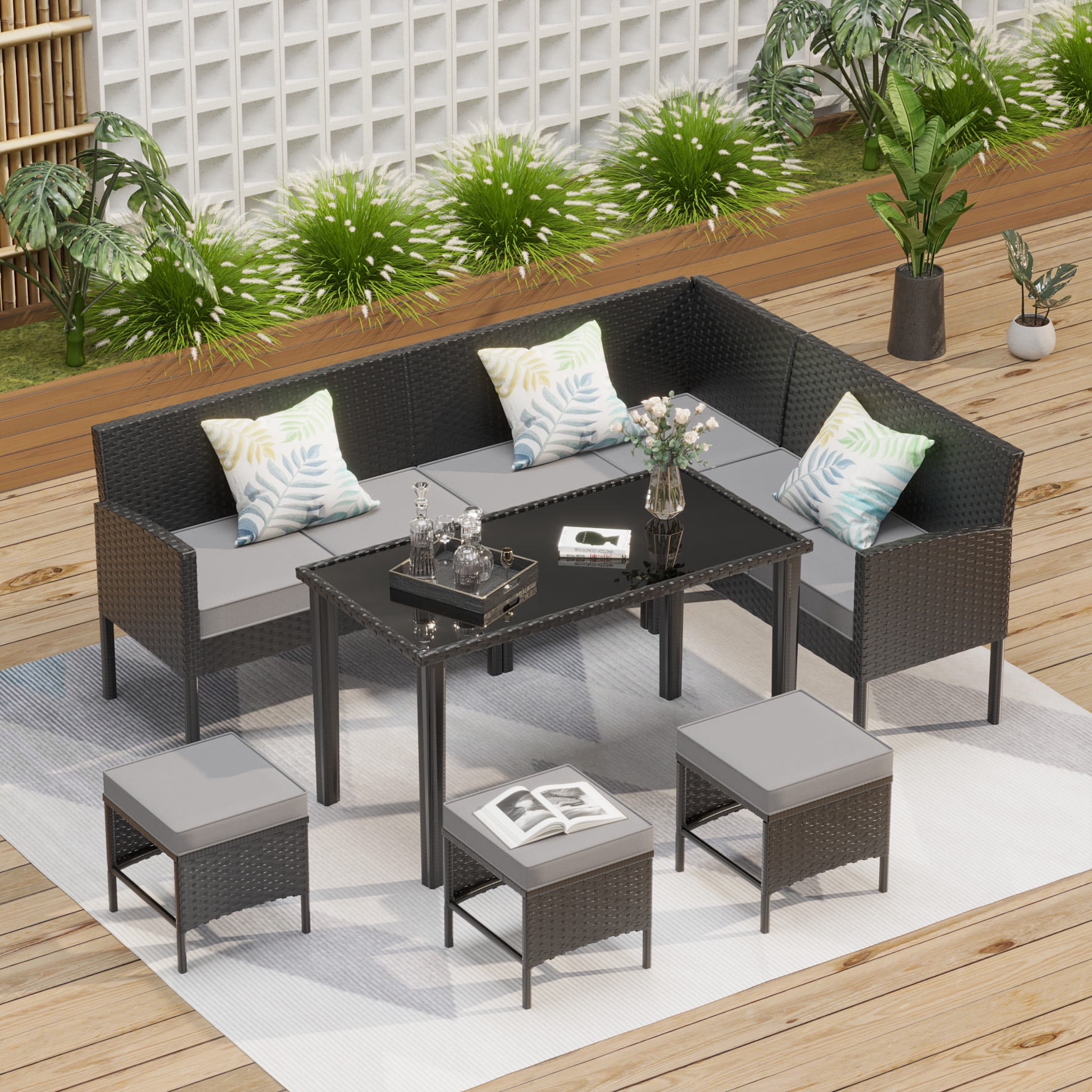 Leumius 7-Piece Patio Furniture Set,Outdoor Sectional Sofa with Tempered Glass Table,All-Weather Rattan Wicker Patio Conversation Set for Backyard,Porch