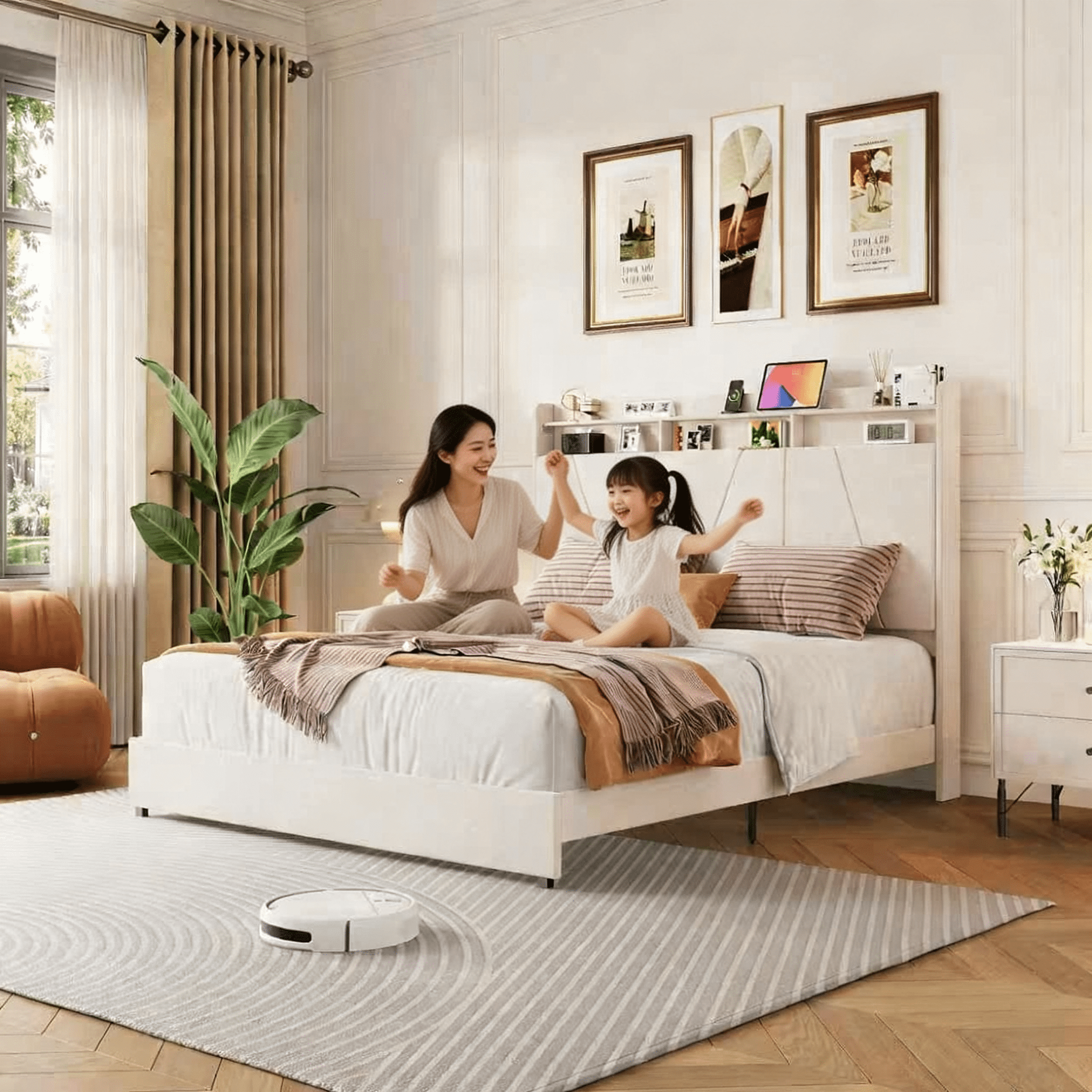 Sailvan Queen Size 52" Velvet Upholstered Bed Frame with Tall Headboard & Storage, Noise Free, No Box Spring Needed, Beige