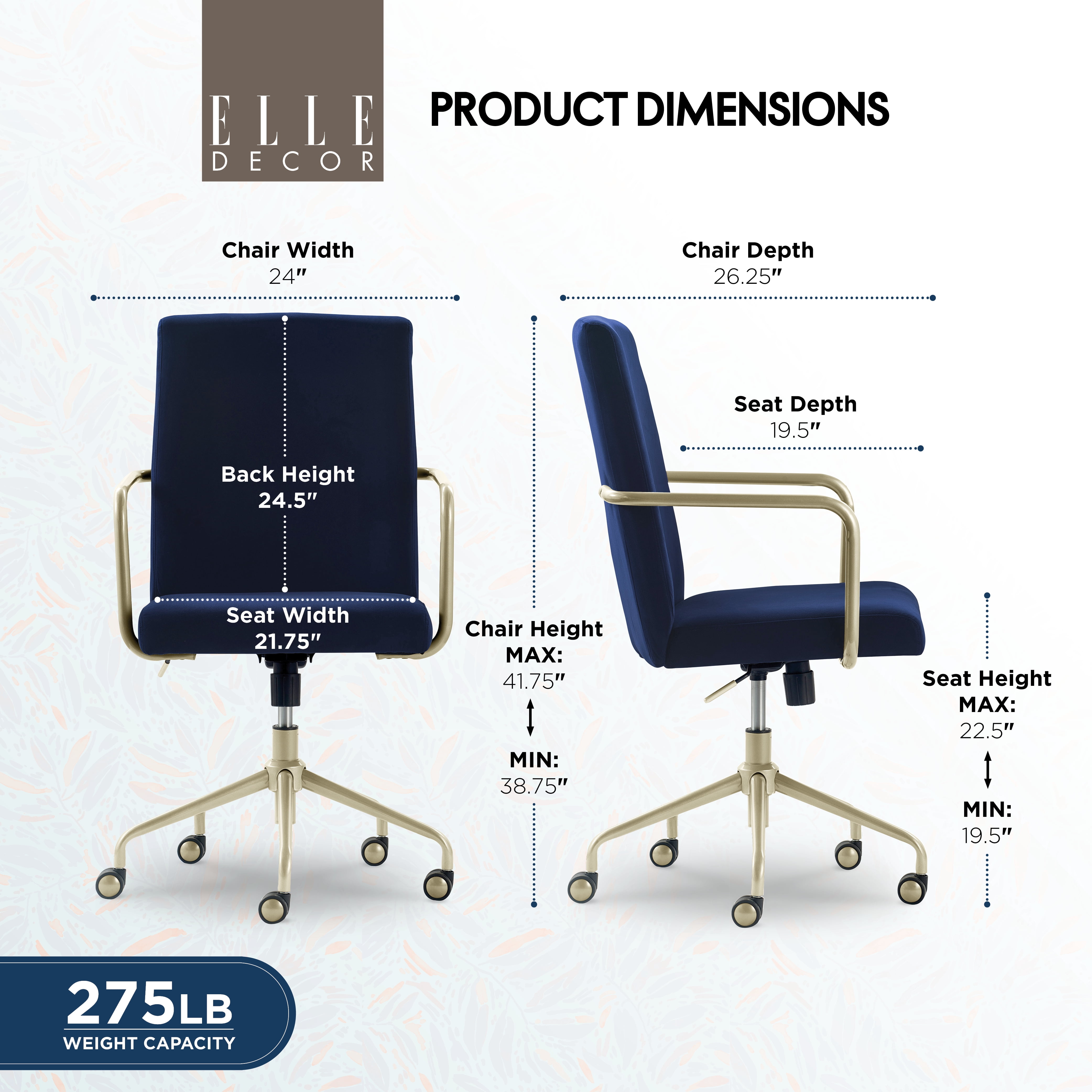 Elle Decor Giselle Modern Home Office Desk Chair, High Back Adjustable Computer Chair with Gold Arms, Base and Wheels, Velvet Fabric, Navy Blue