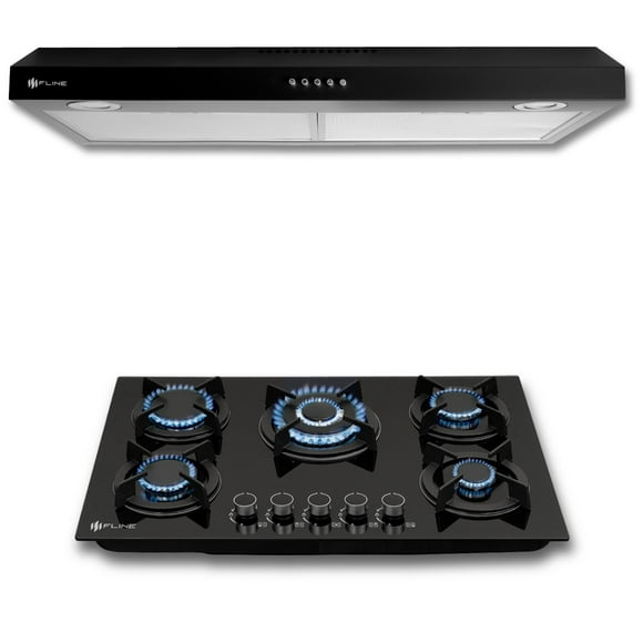 FLINE | Combo parrilla de gas y Campana Acero Inoxidable | negra 80 cm| vidrio templado y acero negro| 5 quemadores | Controles boton | OS5BR80