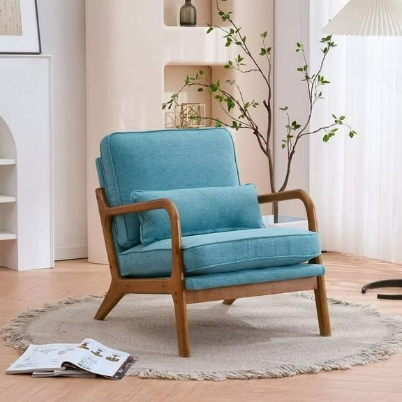 Wood Frame Accent Chair, Fabric Upholstered Armchair Lounge Chair, Mid Century Modern Reading Chair with Removable Cushion and One Pillow, for Living Room Bedroom Home Office, Teal