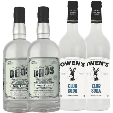 Dhōs Handcrafted Non-Alcoholic Gin 2 Pack w 2 Pack Owen’s Mixers Club Soda - Keto-Friendly, Zero Sugar, Zero Calories, Zero Proof - 750 ML - Perfect for Mocktails - A