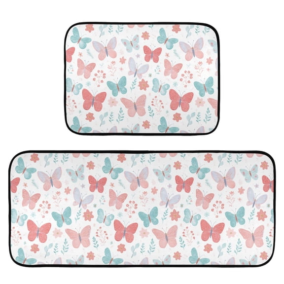 2-Piece Kitchen Mat Set Non Slip Washable Floor Mats Decorative Rugs for Kitchen Sink Laundry Spring Butterflies and Flowers