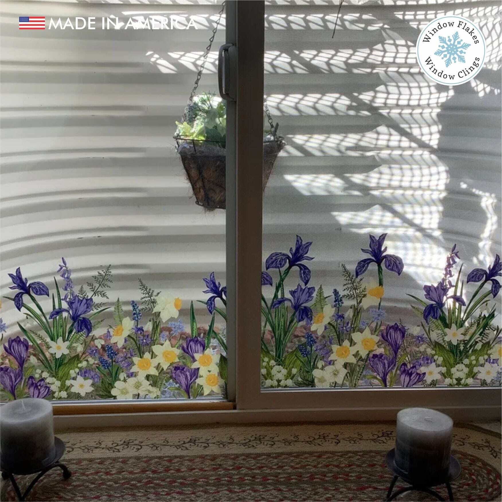 Botanical Spring Flower Window Cling Border, Double Sided Decal for Glass, Anti-Collision Bird Strike Prevention, Reusable, 46 x 11 inch, Ma