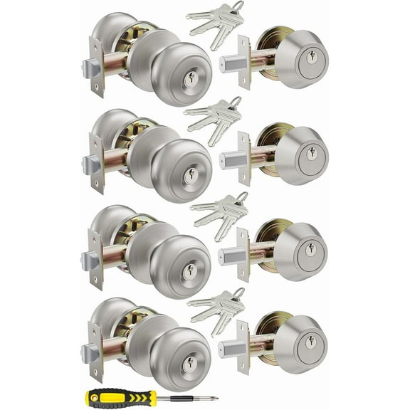 4 Set All Keyed Same Entry Door Knobs and Single Cylinder Deadbolt Combo Set for Entrance and Front Door, Keyed Alike Exterior Door Lock Set with Keys, Satin Nickel Deadbolt Lock and Door Knob Set