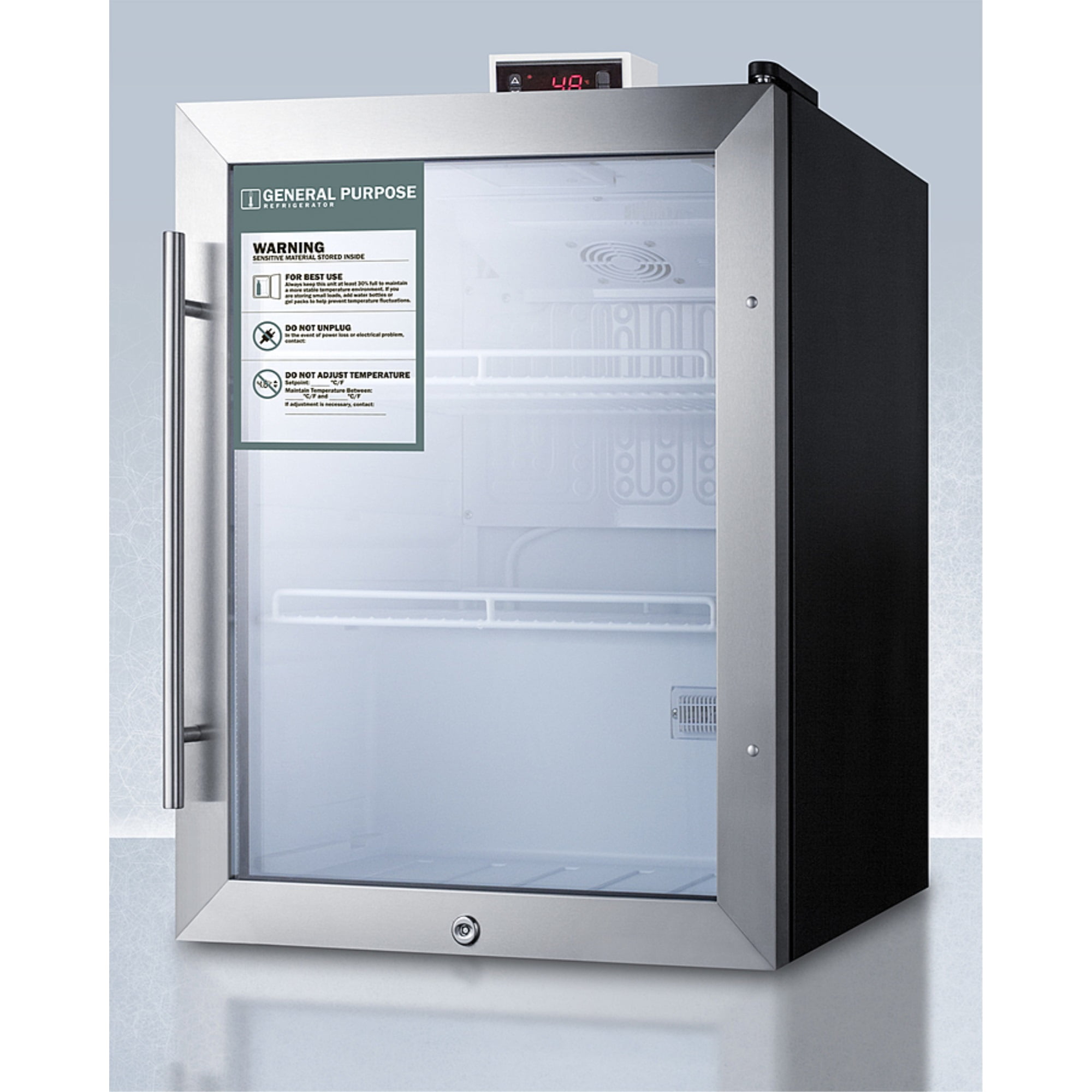 General purpose compact glass door refrigerator with lock