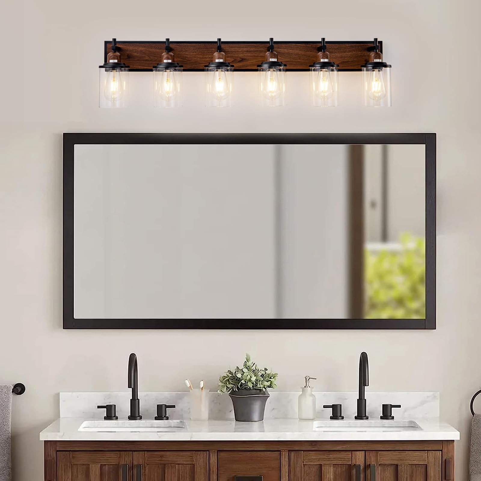 6-Light Black and Wood-painted Vanity Light Farmhouse Bathroom Fixture