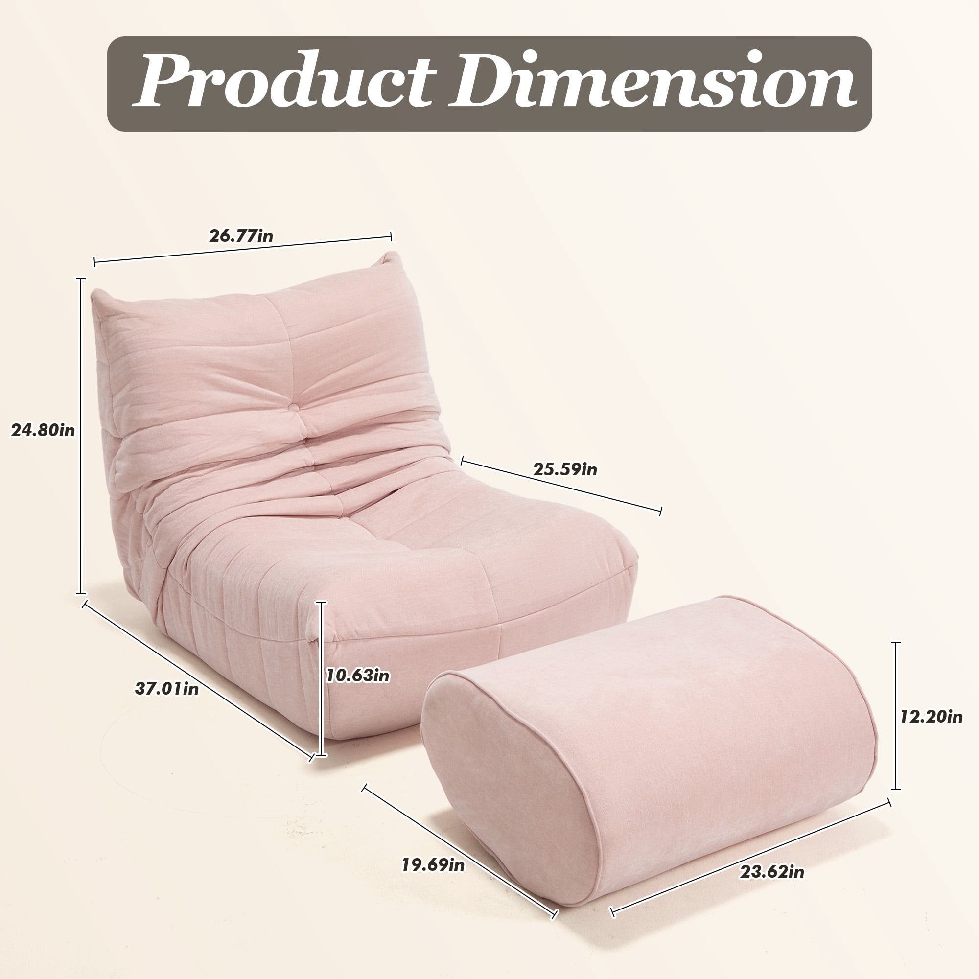 MOONMISS Chenille Fabric Chaise Lounge Chair with Ottoman, Ergonomic Lazy Sofa for Adults, Soft Cloud Couch for Living Room, Bedroom, Pink