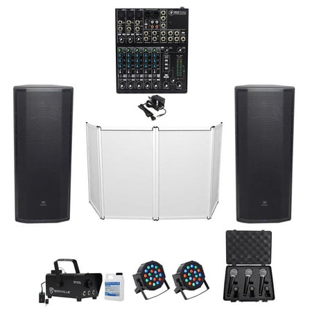 JBL DJ PACKAGE w/ (2) Dual 15” Speakers+Mackie Mixer+Facade+Mics+Fogger+Par Cans