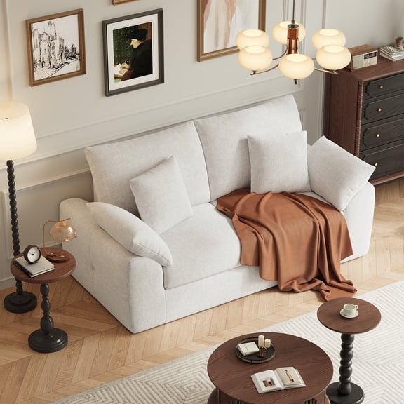 EOP 75.6" Wide Cloud Compression Sofa, Full Sponge Loveseat with Deep Seat, Upholstered Couch with 4 Pillows, No Assembly Required for Small Living Spaces, Beige