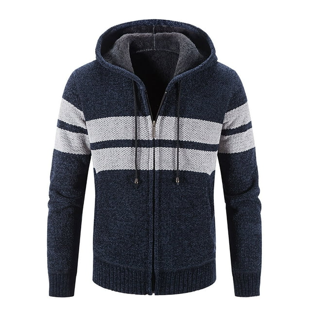 Chandail à Capuche d'Hiver pour Hommes à Manches Longues Cardigan Rayé Chaud Mode Épais Confortable Élégant Décontracté