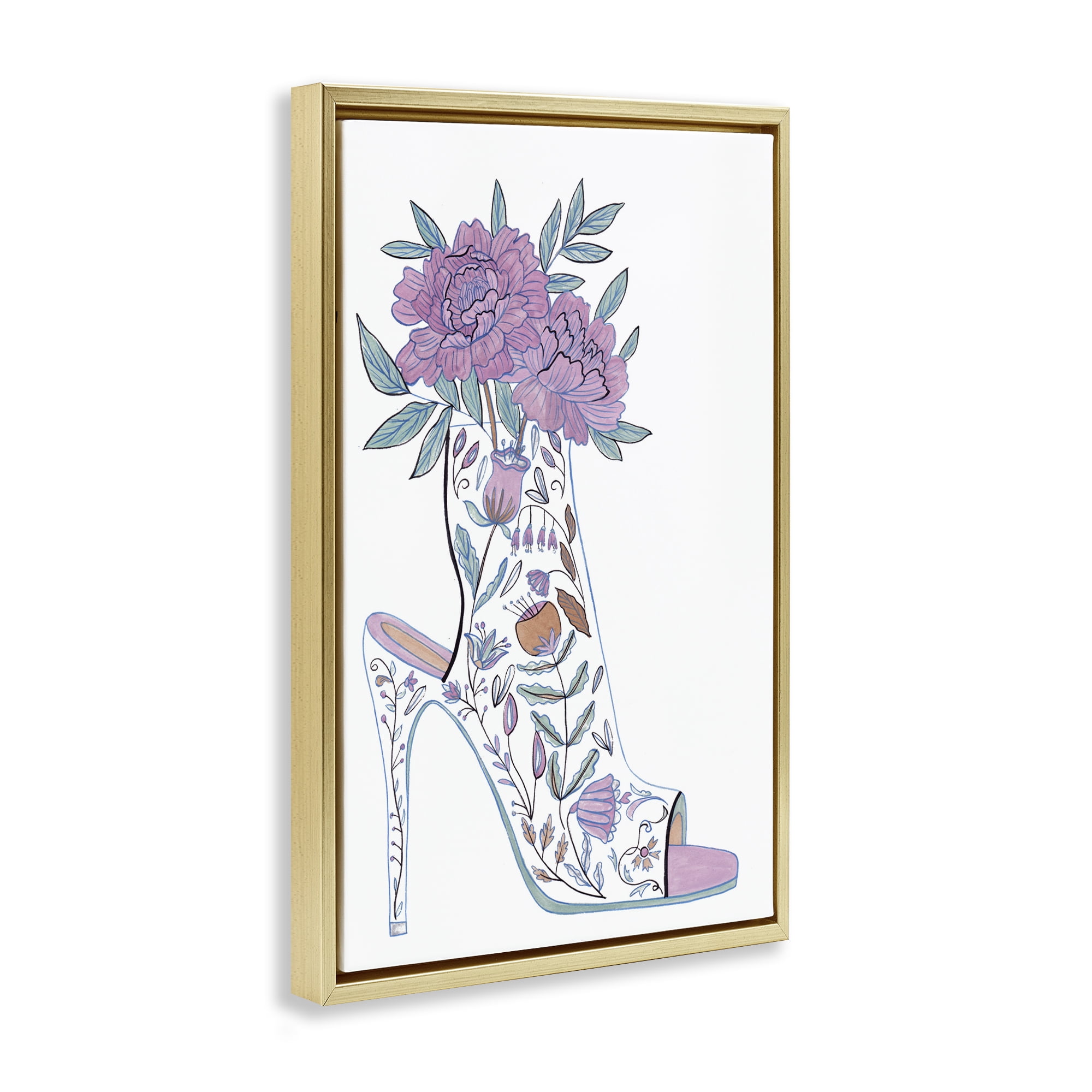 Stupell Industries Shoe with Bouquet Botanical & Floral Painting Gold Floater Framed Art Print Wall Art, 21 x 31