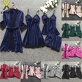 thumbnail image 4 of Pijamas Conjuntos De Satén Ropa De Dormir Seda 4 Piezas Lencería Mujeres Encaje Túnica Vestido Babydoll Camisón Conjunto Depangjing, 4 of 4