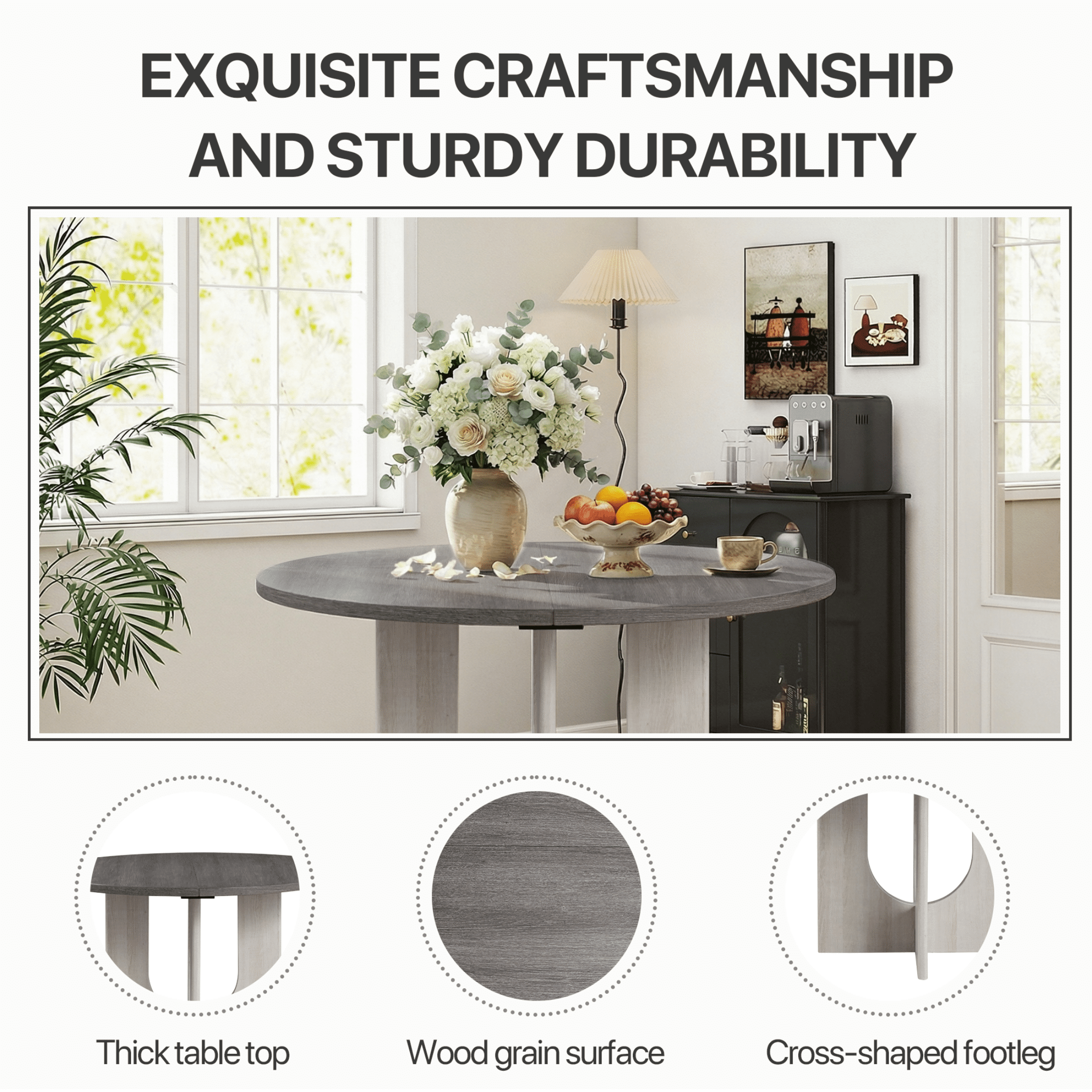 Aukfa Farmhouse Wood Light Gray Upholstered Round Dining Set, 5-Piece