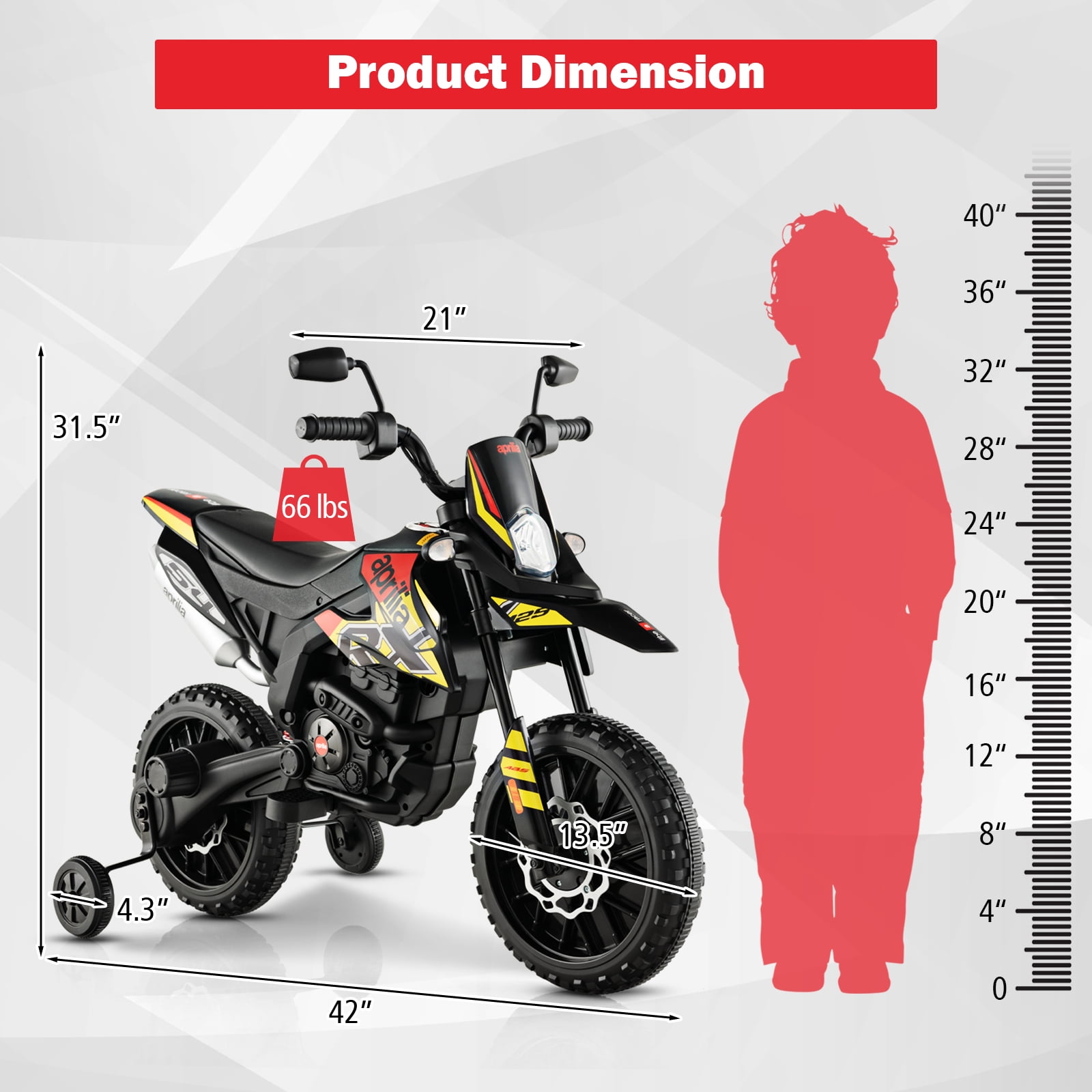 Olakids 12V Aprilia RX125 Electric Ride-on Motorcycle, Black, with Training Wheels, Ages 3-8