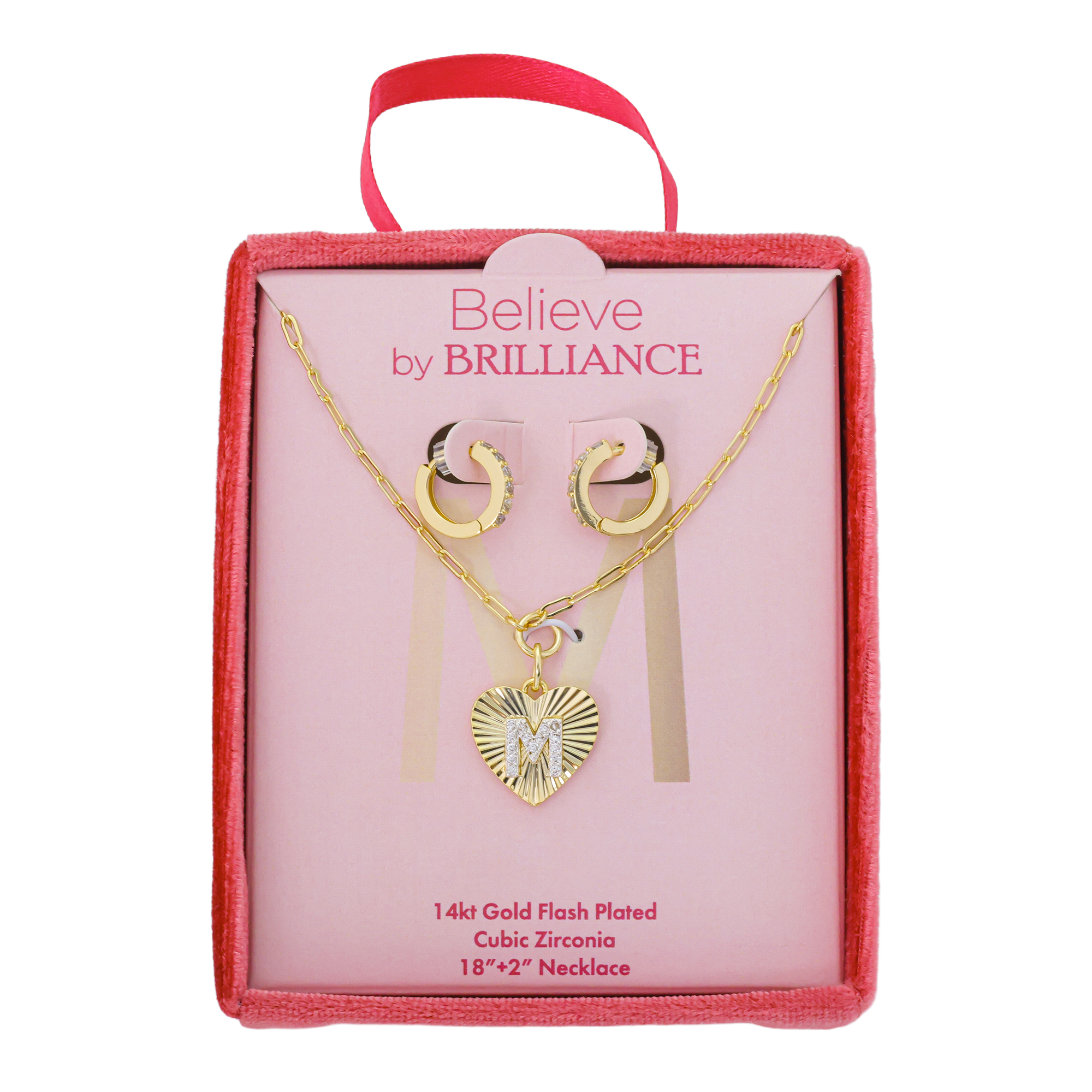 Believe by Brilliance Women's 14Kt Gold Flash Plated Cubic Zirconia Initial M Heart Pendant Necklace and Hoop Earring Set, 18+2"
