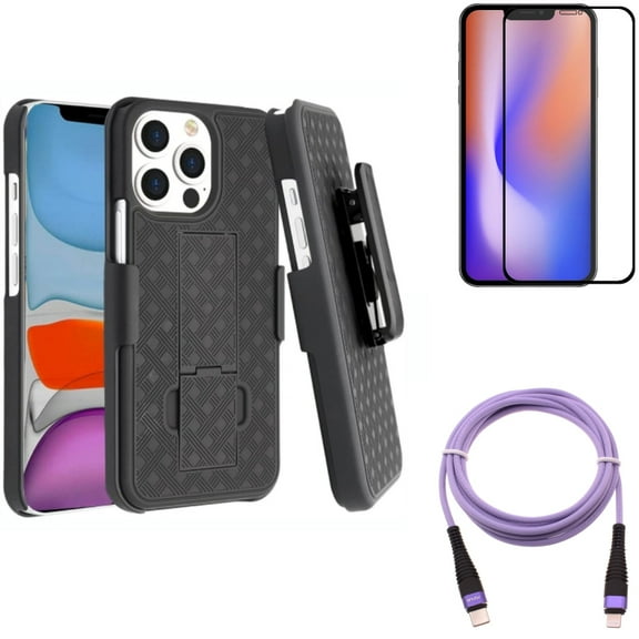 Case Belt Clip & Purple 10ft PD Cable & Screen Protector for iPhone 13 Pro ONLY - Holster Swivel Cover   USB-C Extra Long Cord Fast Charger   Anti-Glare Tempered Glass Matte Combo