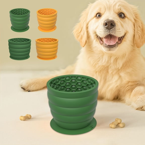 Slow Feeder Pet Bowl Silicone for Dogs and Cats | Honeycomb Lick Mat Design Slows Eating | BPA-Free Flexible Non-Slip Suction Base | Easy Clean | 1 Pack | 4.7 x 4.7 x 3.6 in | Green or Yellow