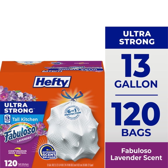 Hefty Ultra Strong 13 Gallon Trash Bags, Tall Kitchen Trash Bags, White, Fabuloso Lavender Scent, 120 Bags
