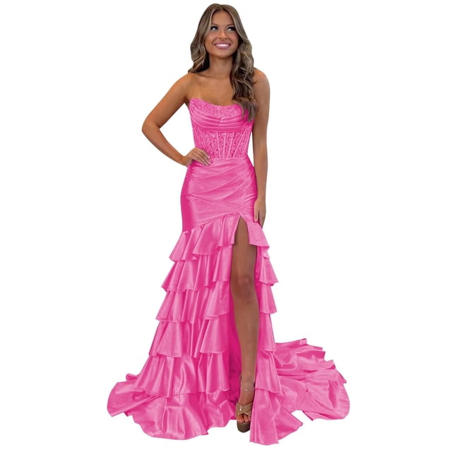 Vestido de fiesta Mollyevers, corsé, sirena, volantes, satén, rosa intenso