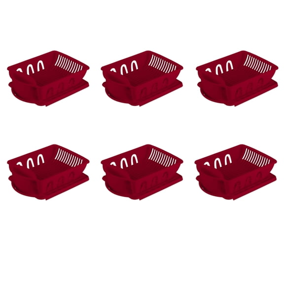 Sterilite 2 Piece Sink Set, Dish Drainer and Drainboard for Plates, Cups, and Flatware, Red, 6 Count