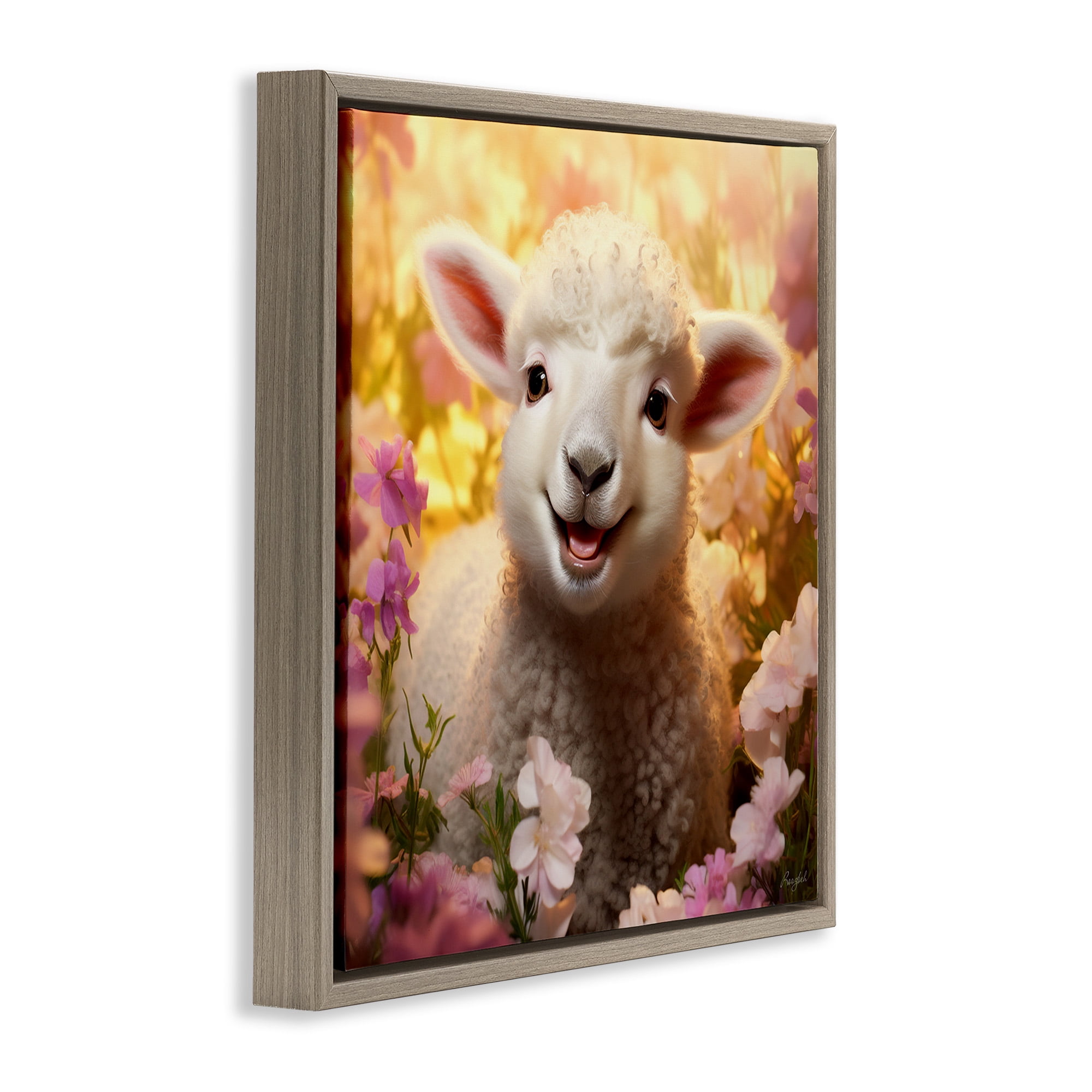 Stupell Industries Lamb in Flower Meadow Animals & Insects Painting Brown Floater Framed Canvas Art Print Wall Art, 25 x 25