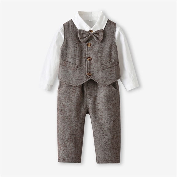 Infant Boys' 3-Piece Outfit Set Gentlemen Long Sleeve Shirt Top and Vest Coat Pants Clothes Sets Size 6-12 Months ,Brown