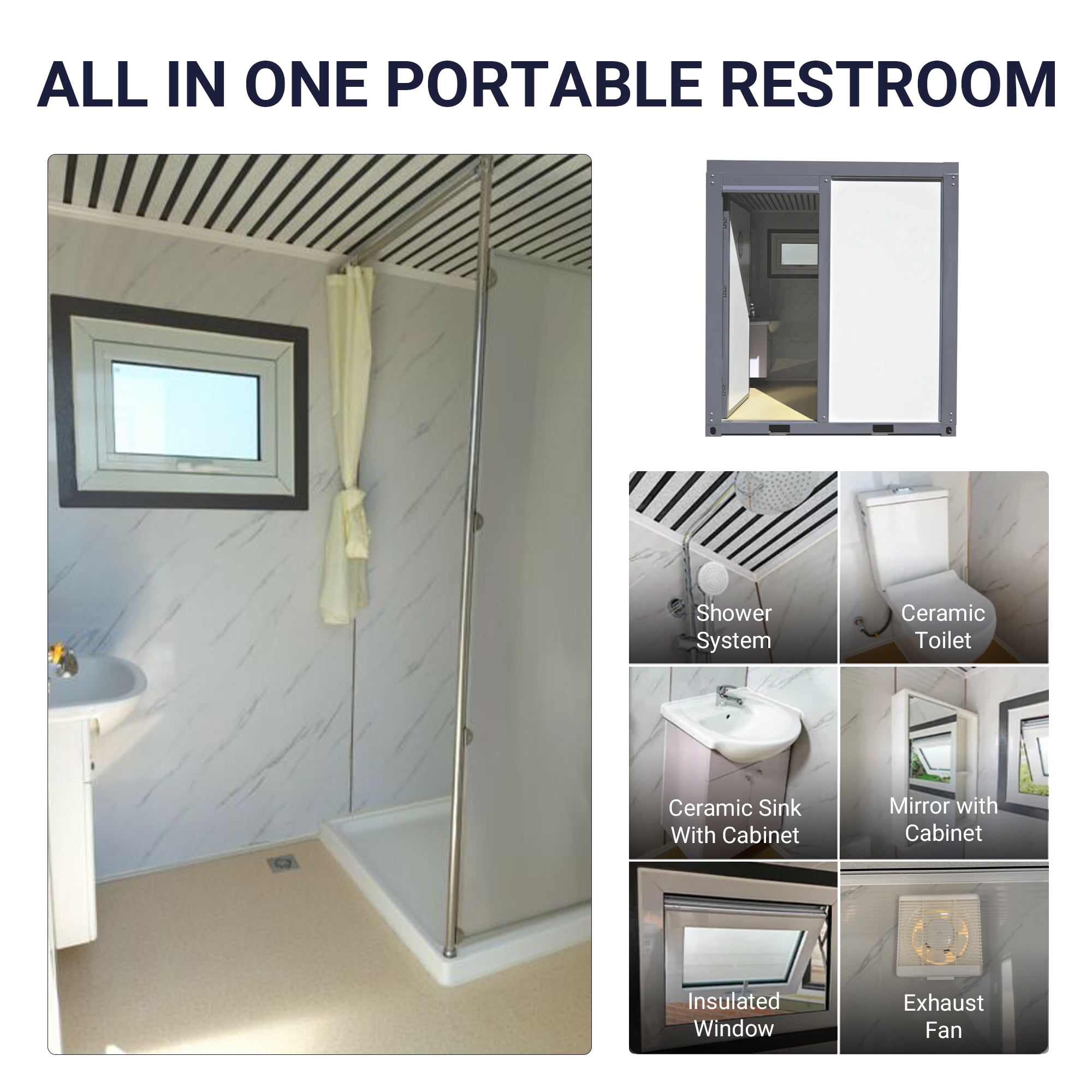 Portable Outdoor Shower Room with Toilet & Sink, Steel Frame Prefab Bathroom Shed, All-in-One Mobile Restroom for Camping & Construction Site