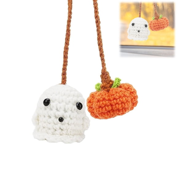 Pumpkin Ghost Crochet Car Pendant, Halloween Car Decorations, Cute Knitted Pumpkin Car Rearview Mirror Decorative Pendant, Autumn Decorations