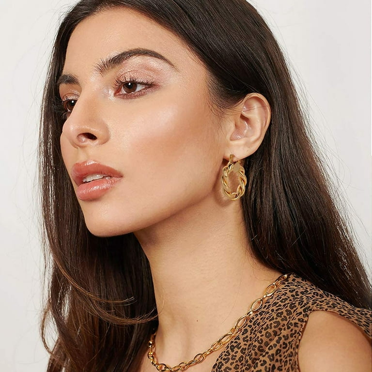 PENGXIANG 14K Gold Plated Twisted Rope Round Hoop Earrings Lightweight Chunky Open Hoops Gold Hoop Earrings For Women Thick Earrings Fashion Piercing