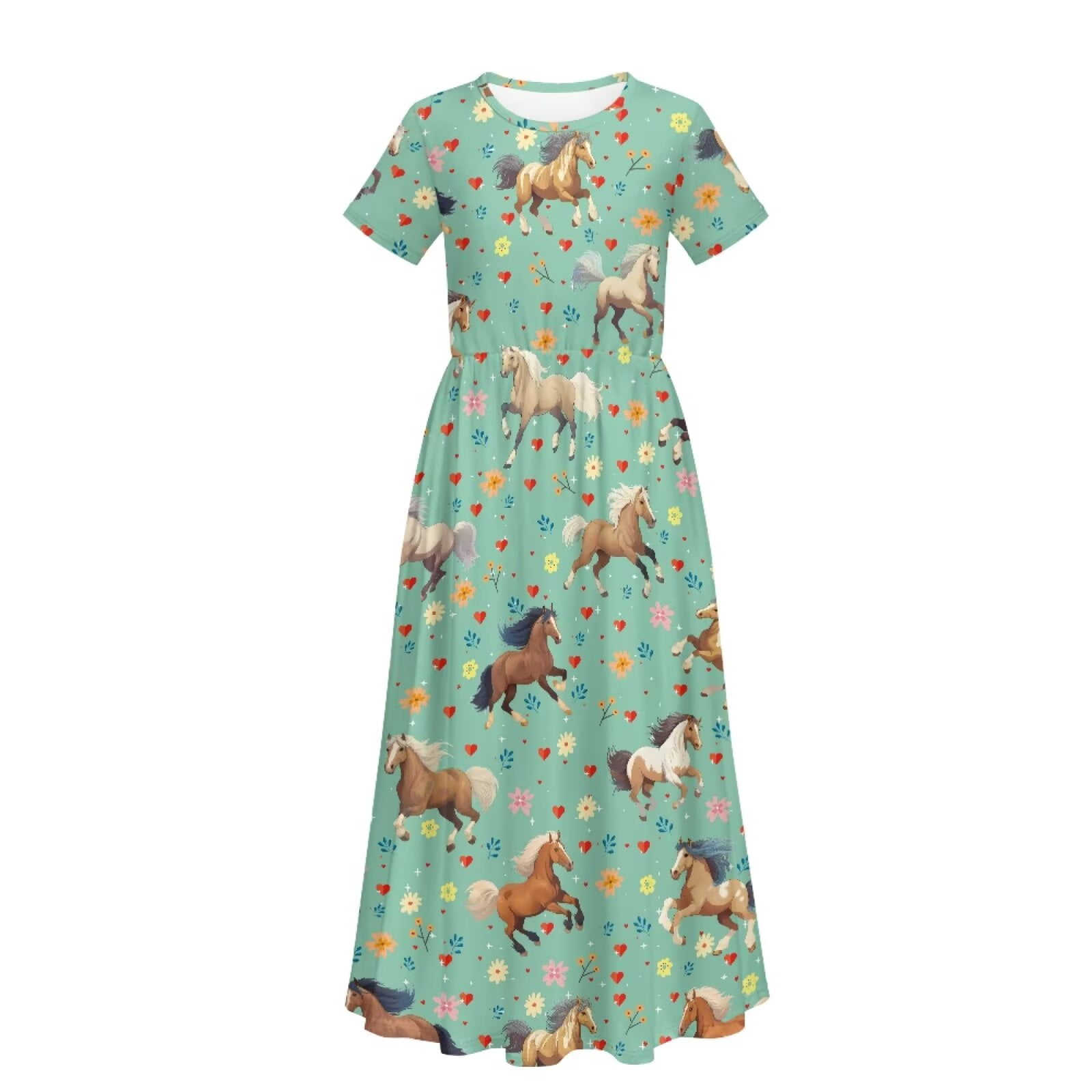 Uourmeti Tween Girls Maxi Dress Short Sleeve Round Neck Casual Flowy Horse Print Summer Long Dress for Girls Big Kids, Size 9-10 Years