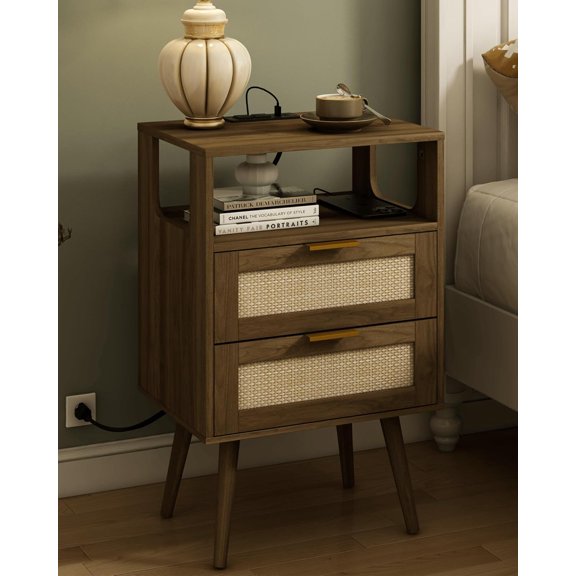 Rattan Nightstand with Charging Station,Modern Bedside Table with 2 Storage Drawer and Open Wood Shelf, for Bedroom and Small Spaces,Night Stand with Solid Wood Legs (Walnut Brown)