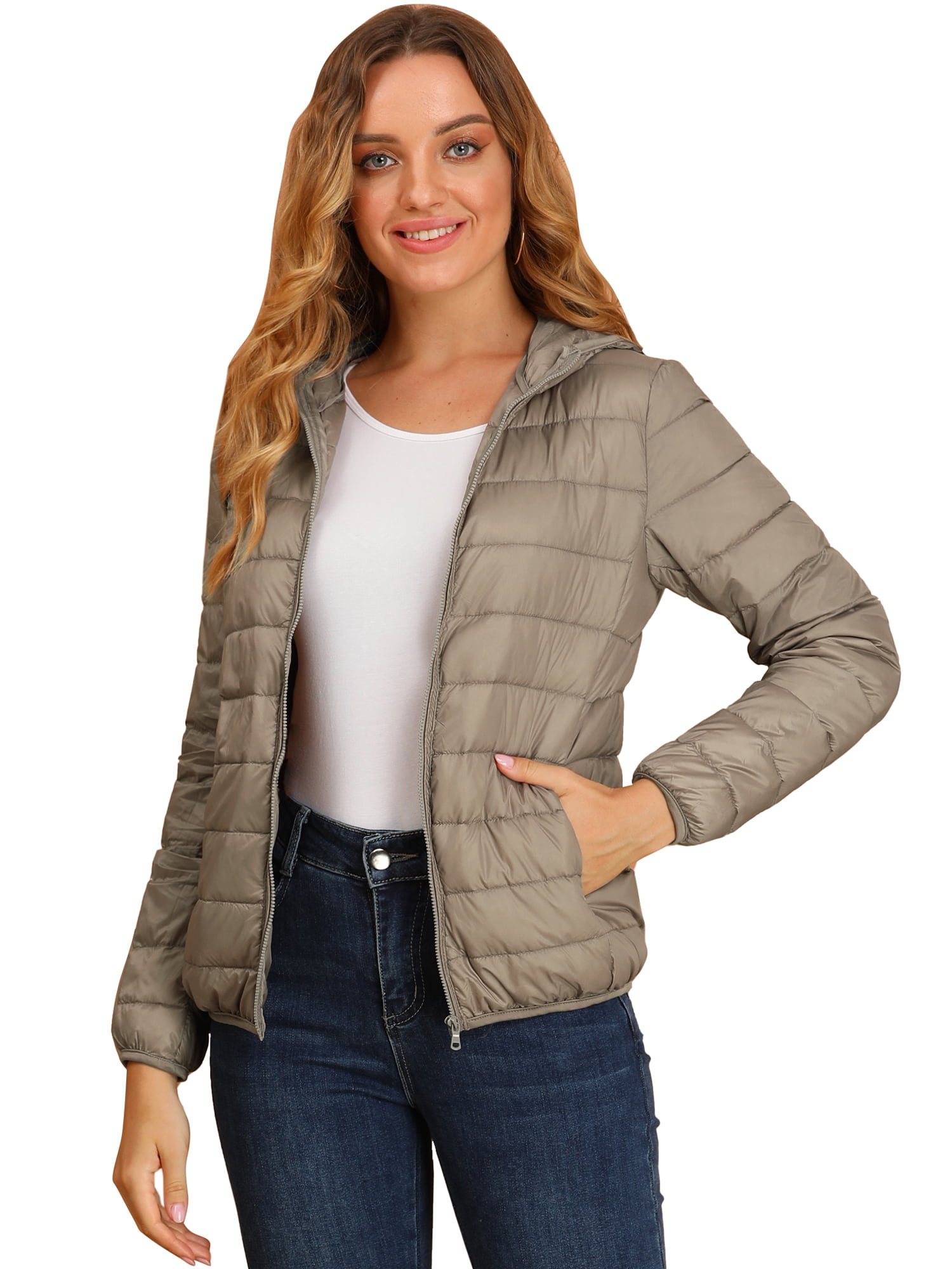 DARING DIVA Women's Hooded Zip Up Short Down Lightweight Jacket L Khaki