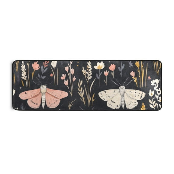 Moths and Floral on Dark Ground Runner Rug for Hallways Kitchen Non Slip 2'x 6' Washable Hall Carpet for Bedroom Entryway Laundry Room