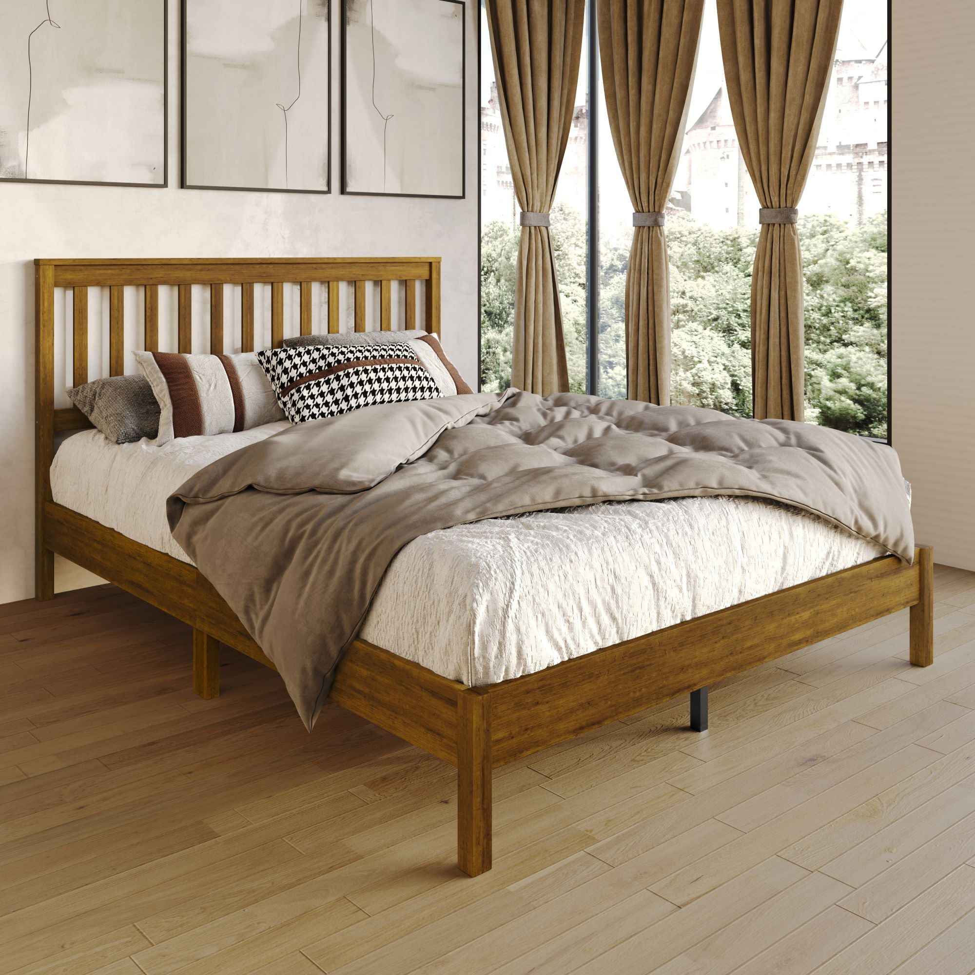 Home Design Fresno Full Wood Platform Bed Frame with Open Slat Panel Headboard, Brown, Easy Assembly