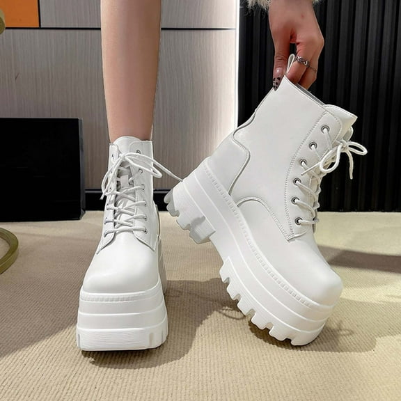 HAOTAGS High Heel Boots for Women, Casual Fall Thick Bottom Lace Up Boots White 6.5