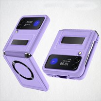 SaniMore Folding Case for Samsung Galaxy Z Flip 4, PU Leather Hard PC Magnetic Wireless Charging Cover with Invisible Kickstand Shockproof Military Grade Protection Cover for Samsung Z Flip 4, Purple
