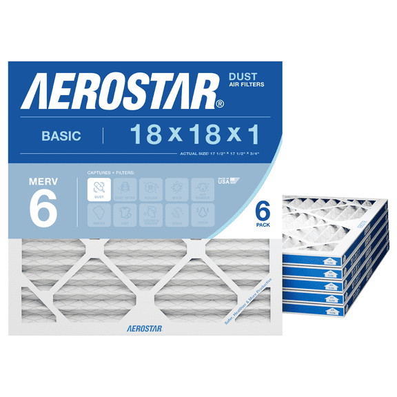 Aerostar 18x18x1 MERV 6 Air Filter, Pleated AC Furnace HVAC, Dust Lint Control, 6 Pack