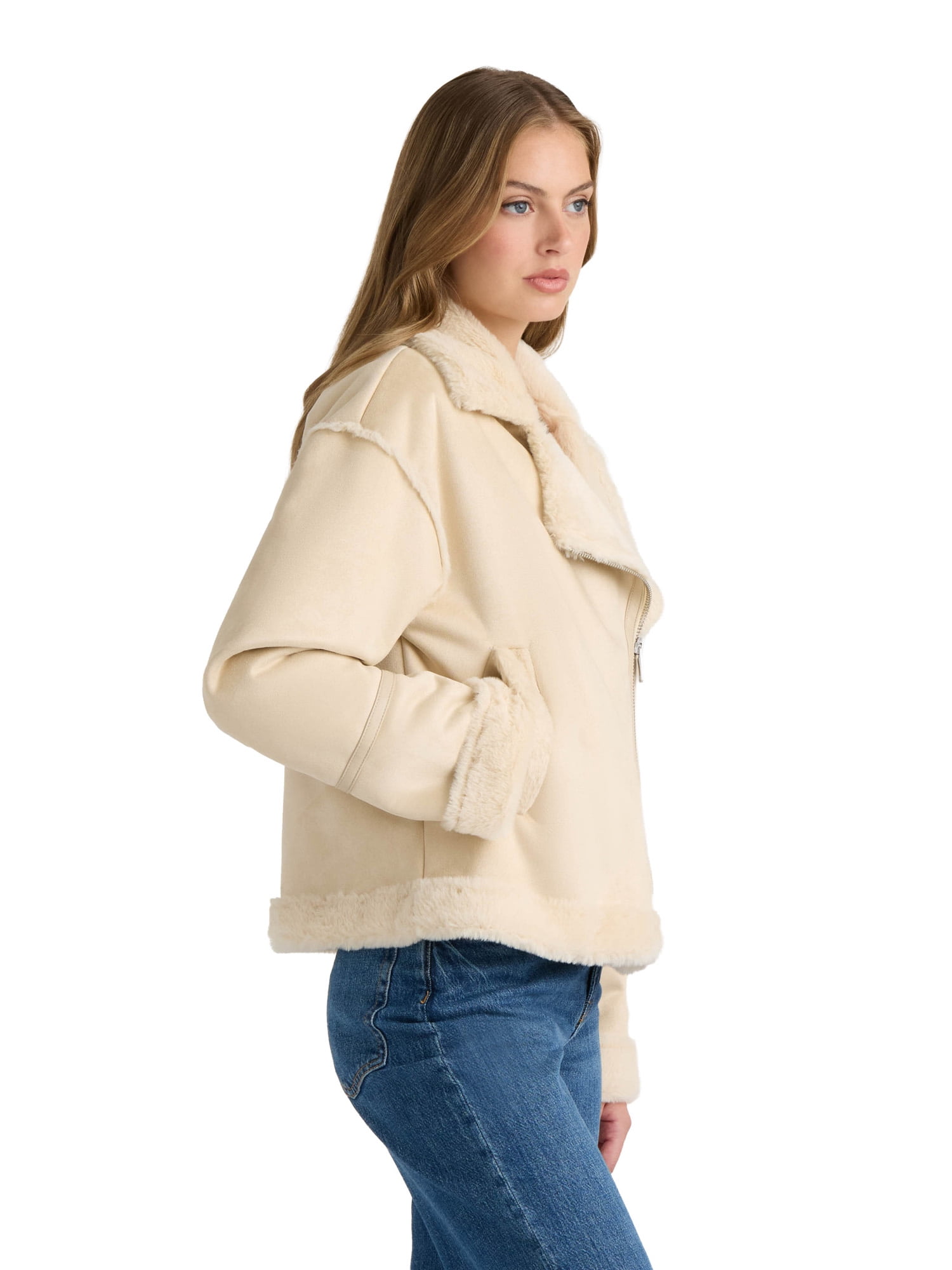 NOVELTI Womens Faux Shearling Short Zip Up Biker Jacket