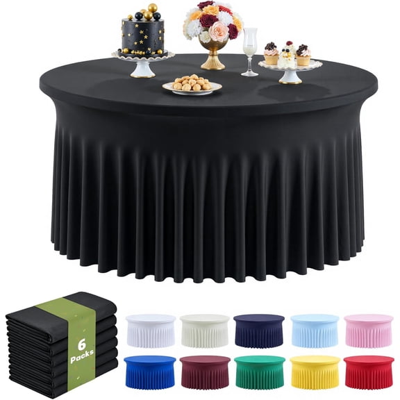 6 Pack Black Round Spandex Tablecloth for 60 Inch/5FT Tables - Stretchy Table Cloth with Skirt, Wrinkle-Free Fitted Cloth for Wedding Vendor, Banquet & Graduation Decor (120" Round)