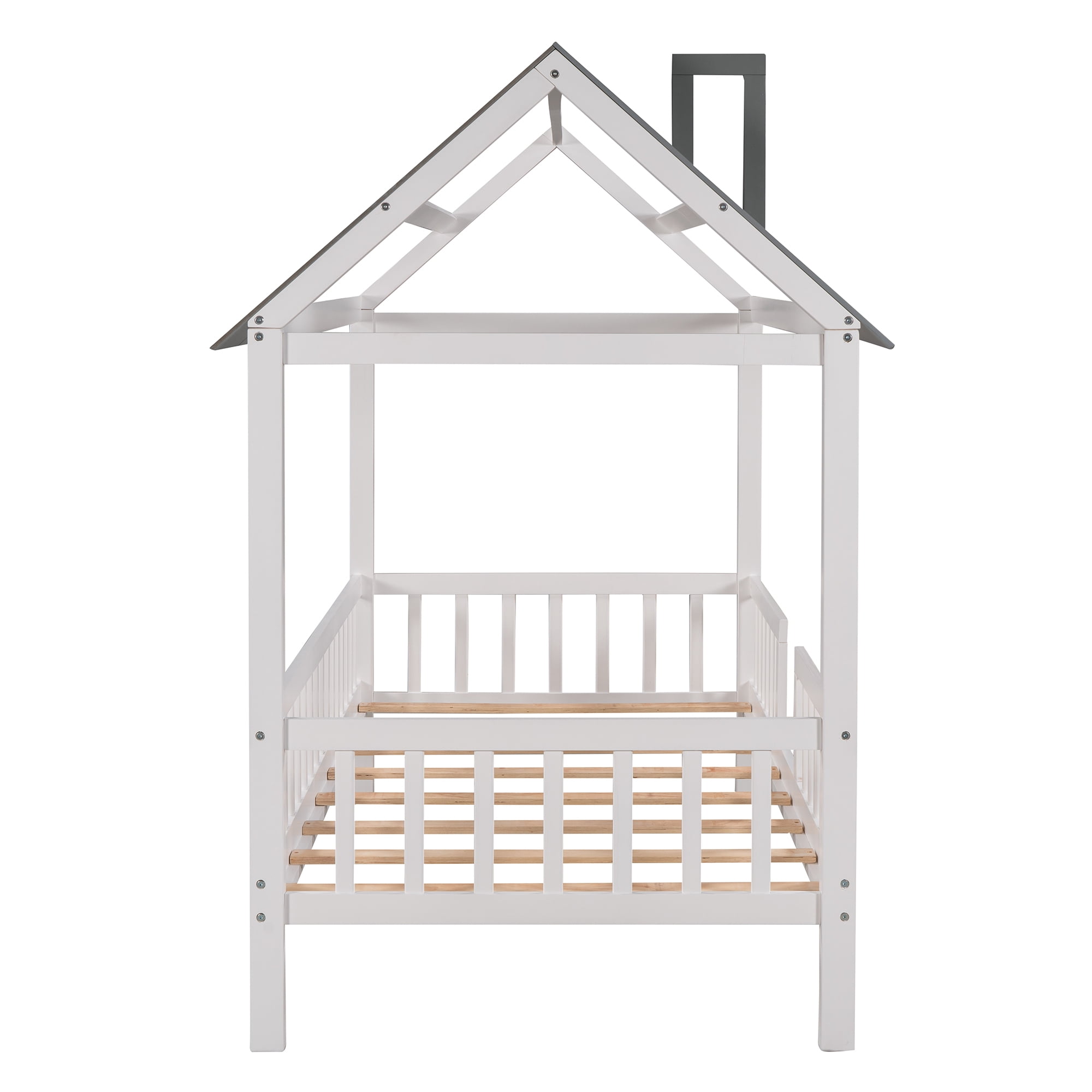 Euroco Twin Size House Platform Bed with Roof and Guardrails Design, White&Gray
